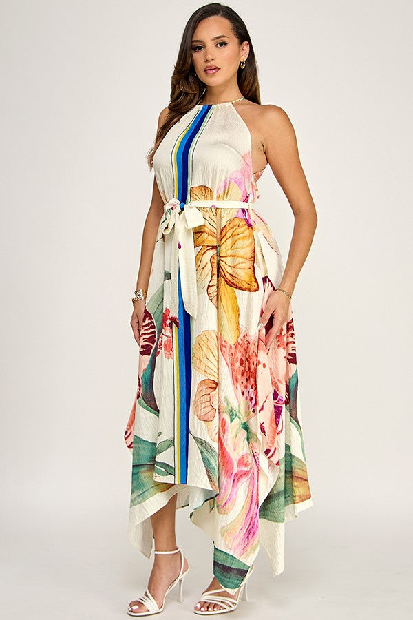 Multi Printed Halter Neck Handkerchief Hem Belted Midi Dress Small
