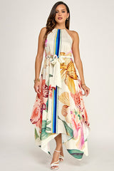 Multi Printed Halter Neck Handkerchief Hem Belted Midi Dress