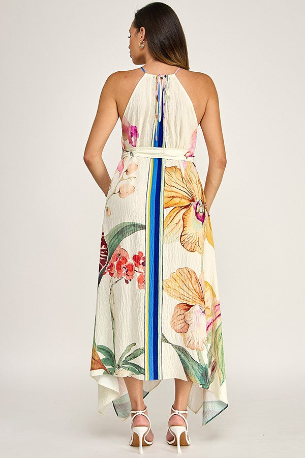 Multi Printed Halter Neck Handkerchief Hem Belted Midi Dress Small