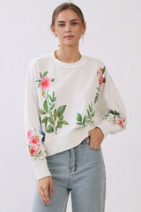 Vintage Floral Printed Pullover Top White