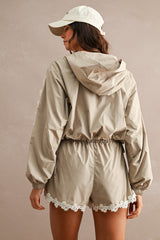 Hood Half Zip-up Lace Trim Windbreaker Jacket And Shorts Set