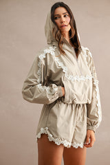 Hood Half Zip-up Lace Trim Windbreaker Jacket And Shorts Set
