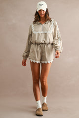 Hood Half Zip-up Lace Trim Windbreaker Jacket And Shorts Set