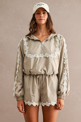 Hood Half Zip-up Lace Trim Windbreaker Jacket And Shorts Set
