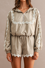 Hood Half Zip-up Lace Trim Windbreaker Jacket And Shorts Set