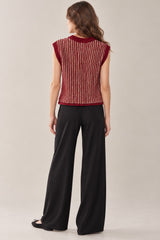 Burgundy Two-tone Rib Knit Vest Cardigan