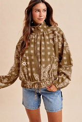 Camel Bandana Printed Washed Drawstring Waist Bomber Jacket