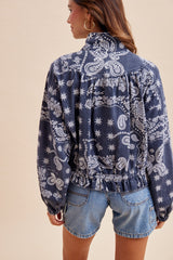 Bandana Printed Washed Drawstring Waist Bomber Jacket