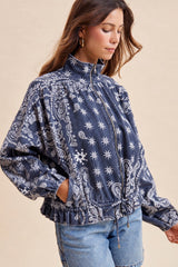 Bandana Printed Washed Drawstring Waist Bomber Jacket