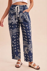 Bandana Printed Drawstring Barrel Loose Fit Denim Pants Navy