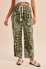 Olive Bandana Printed Drawstring Barrel Loose Fit Denim Pants