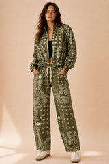 Olive Bandana Printed Drawstring Barrel Loose Fit Denim Pants