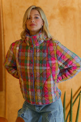 Bleached Vintage Plaid Quilted Jacket With Pockets