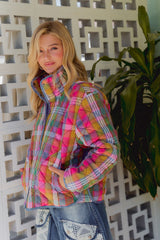 Bleached Vintage Plaid Quilted Jacket With Pockets