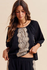 Lace Trim Satin Gathered Blouse Black