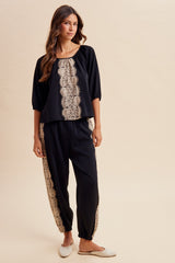 Lace Trim Satin Gathered Blouse Black