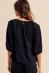Lace Trim Satin Gathered Blouse Black