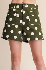 Olive Green Polka Dot Stretch Shorts