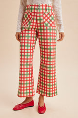 Christmas Gingham Stretch Cotton Flare Pants