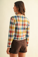 Multi Color Check Jacquard Sweater Cardigan