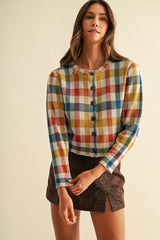 Multi Color Check Jacquard Sweater Cardigan