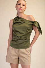 Asymmetric One Shoulder Satin Bow Top