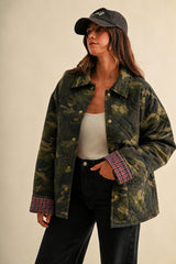 Camouflage Contrast Inner Quilted Denim Military Jacket