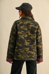 Camouflage Contrast Inner Quilted Denim Military Jacket
