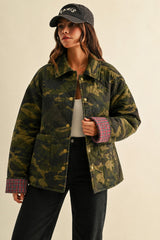 Camouflage Contrast Inner Quilted Denim Military Jacket