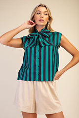 Bow Neck Sleeveless Stripe Shirt