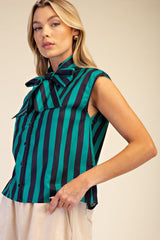 Bow Neck Sleeveless Stripe Shirt