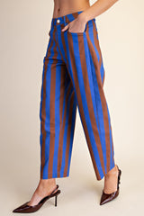 Blue and Tan Barrel Stripe Cropped Pants