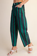 Navy and Green Barrel Stripe Ankle Pants
