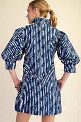 Navy Ruffle Neck Puff Sleeve Stripe Mini Dress