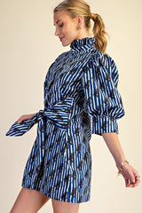Navy Ruffle Neck Puff Sleeve Stripe Mini Dress