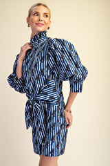 Navy Ruffle Neck Puff Sleeve Stripe Mini Dress