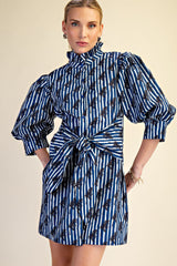 Navy Ruffle Neck Puff Sleeve Stripe Mini Dress
