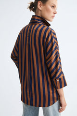 Camel Stand Neck Stripe Shirt