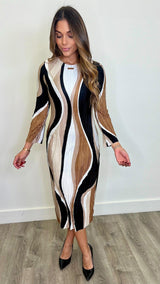 Macey Mocha Wave Print Dress - PRINZZESA BOUTIQUE