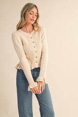 RUFFLE HEM RIBBED KNIT SWEATER CARDIGAN Blue