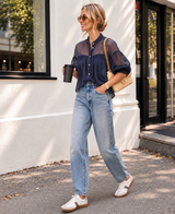 Puff Sleeve Italian Blouse in Navy