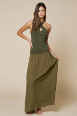 Crisscross Halter Contrast Knit & Woven Maxi Dress in Olive