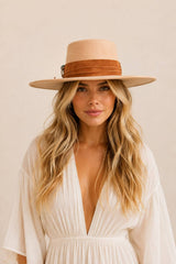 Tasha Boater Crown Hat- Camel