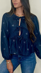Lara Bow Print Denim Bow Tie Blouse - PRINZZESA BOUTIQUE