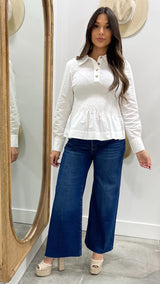 Smocked Charm Peplum Off White Blouse