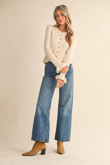 RUFFLE HEM RIBBED KNIT SWEATER CARDIGAN Blue