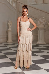 Bohemian Heirloom Tiered Fringe Dress in Khaki