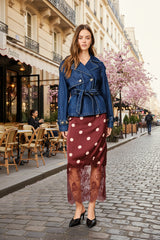Polka Dot Lace Satin Midi Skirt
