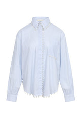 Pearl Detail Oversized Stripe Poplin Shirt Blue