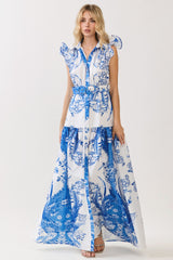 Royal Blue Shirts Collar Print Maxi Dress